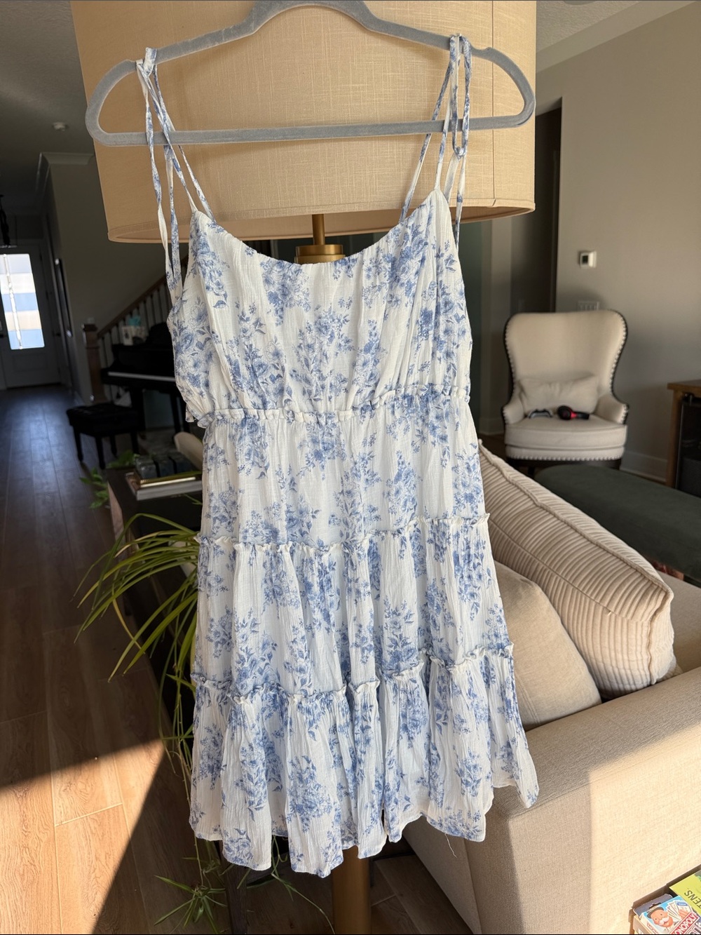 mine White & Light Blue Floral Tiered Mini Dress